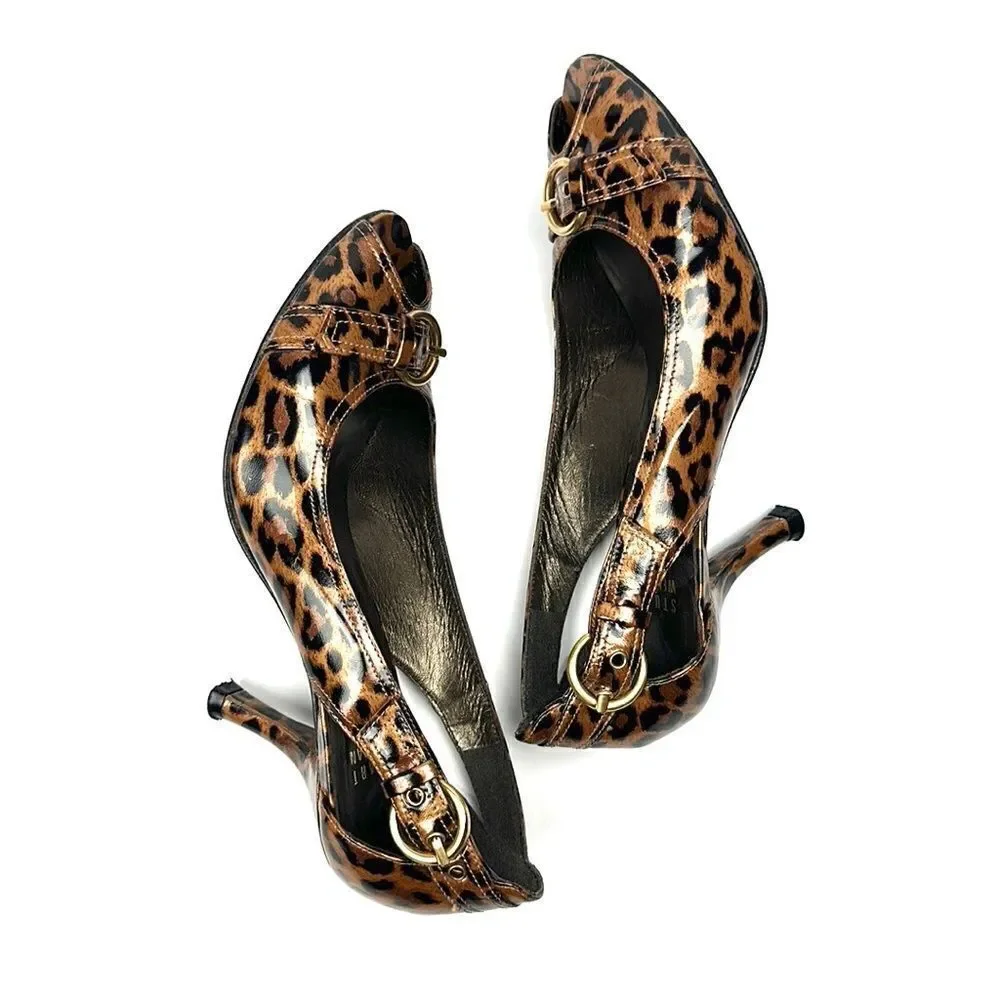 Stuart Weitzman Patent Leather Leopard Animal Print Peep Toe Pumps 6 1/2